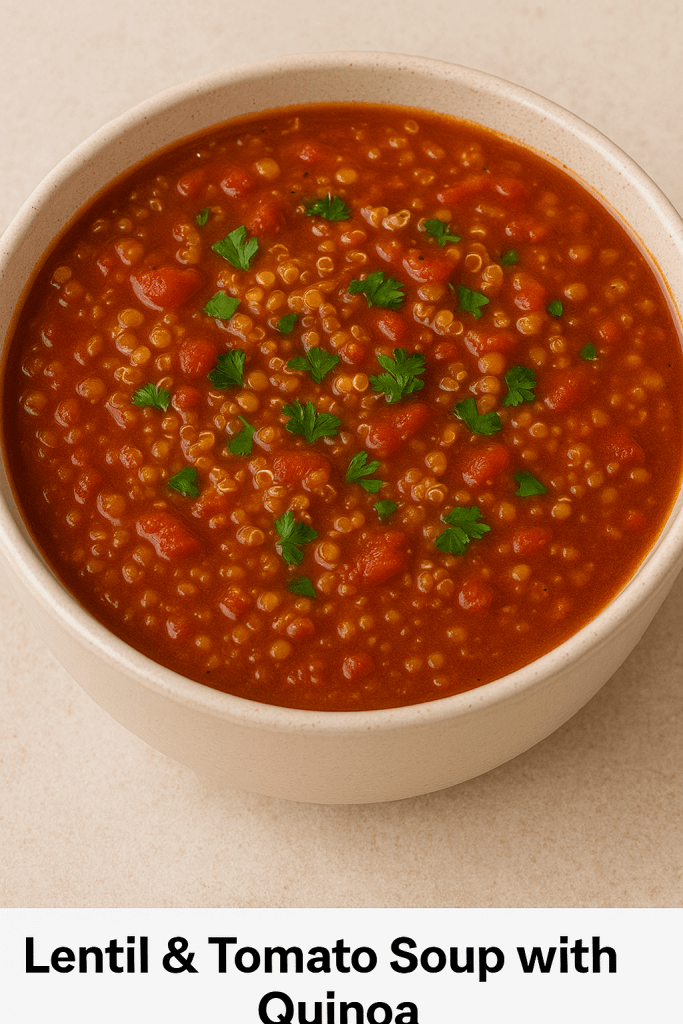 Bowl of hearty lentil and tomato soup with quinoa, made from budget-friendly pantry staples.