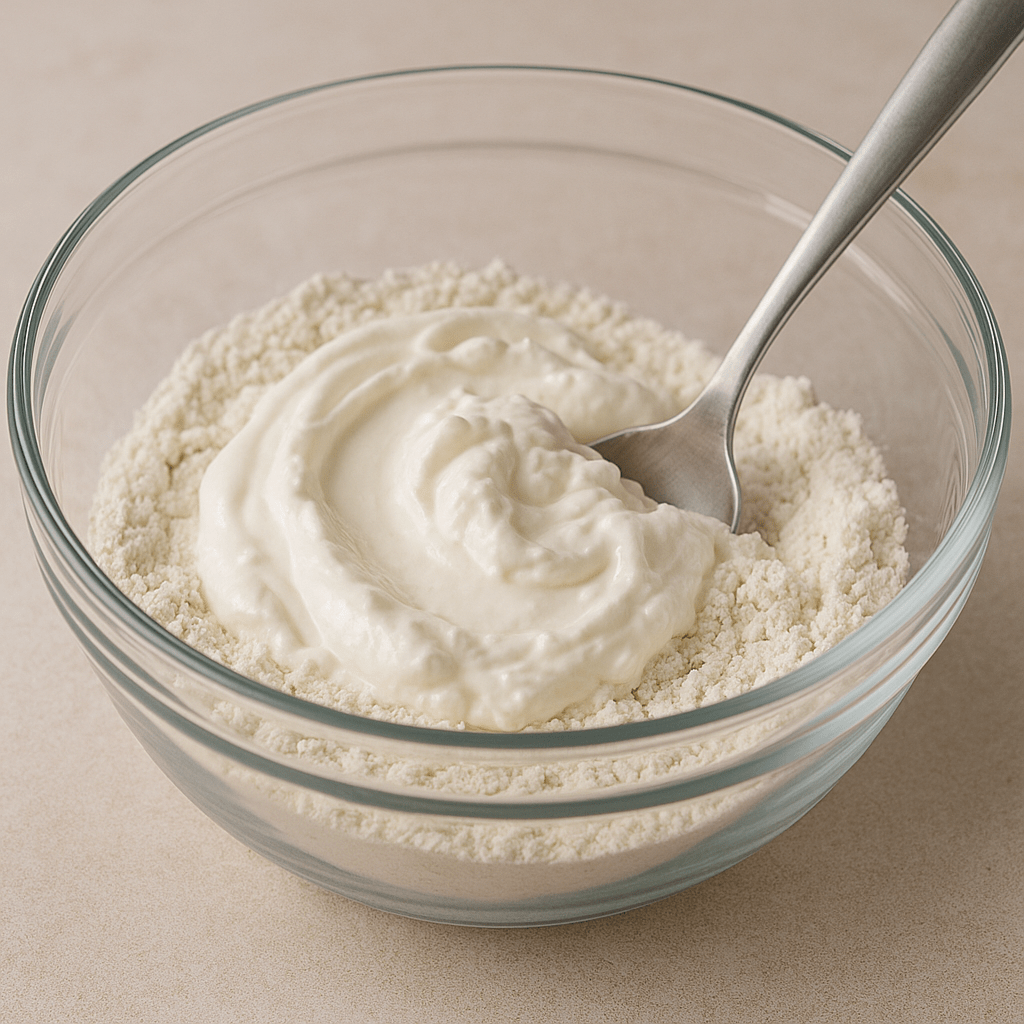 Mixing Greek yogurt with self-rising flour to make protein bagel dough