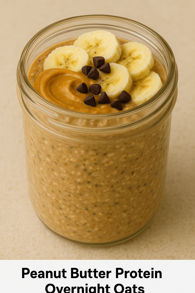 Creamy peanut butter overnight oats topped with banana slices and cinnamon.