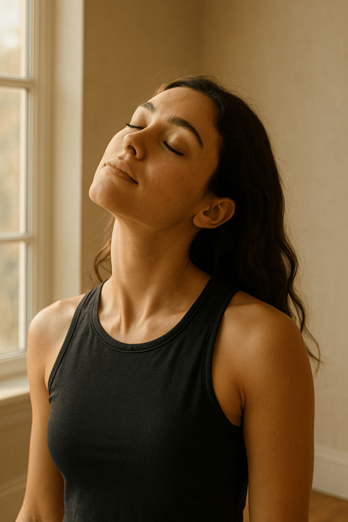 Person performing gentle neck rolls to release tension in the morning.