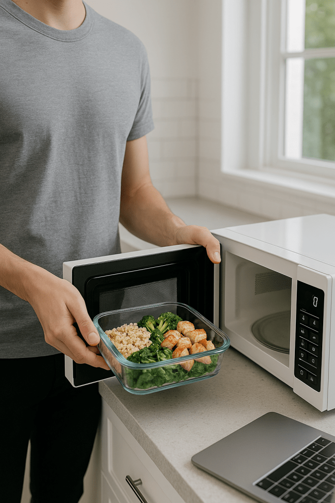 A person reheating a high-protein meal prep container in the microwave for a quick lunch.