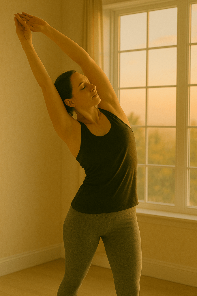 Standing side stretch to improve posture and breathing capacity.