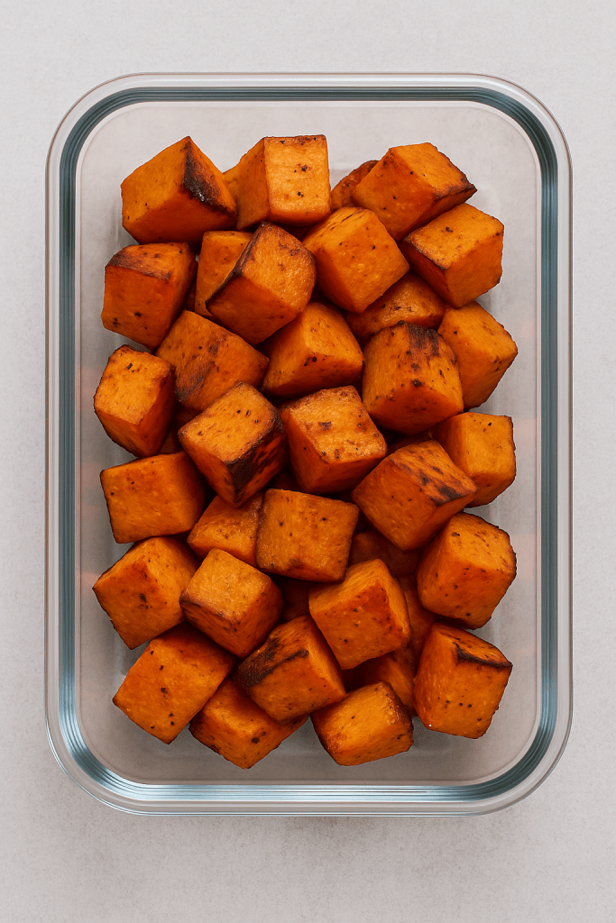 Roasted sweet potatoes ready to be added to high-protein meal prep for the week.