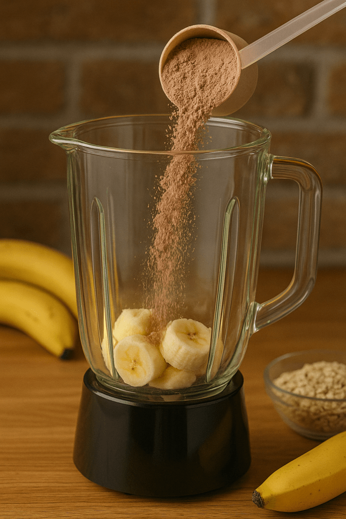 Chocolate protein powder scoop next to bananas and oats ready for blending.