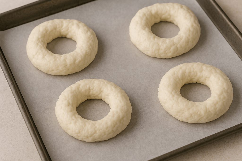 Shaped protein bagels before baking on parchment paper
