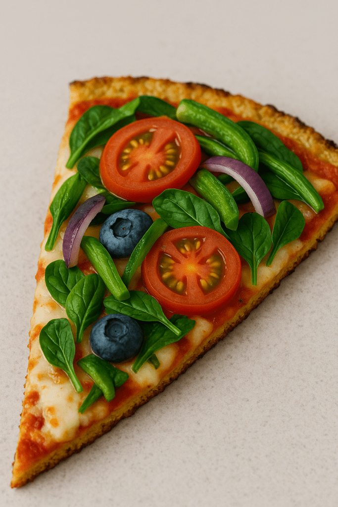 Cauliflower-crust pizza topped with fresh vegetables for a healthier pizza option