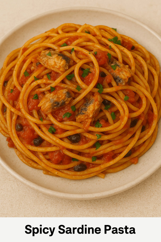 Bowl of pasta with sardines, chili flakes, and lemon wedges, made from pantry ingredients.