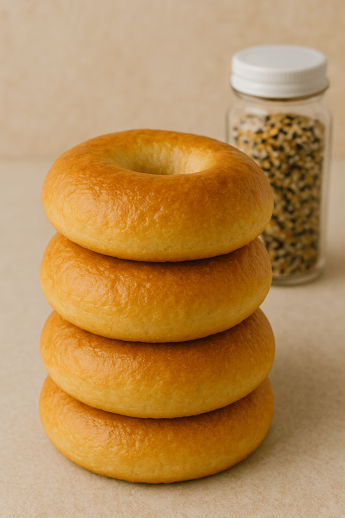 Stack of golden brown protein bagels with seasoning jar in background