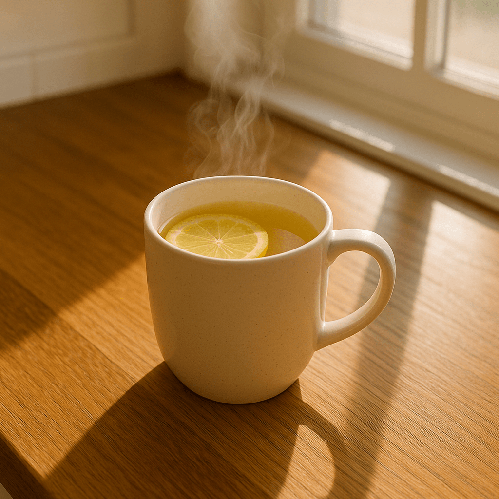Warm lemon water in a white mug on a sunny kitchen counter.