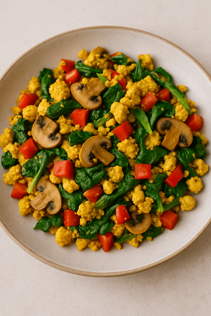 A savory tofu scramble with bell peppers, spinach, and mushrooms served on a plate.