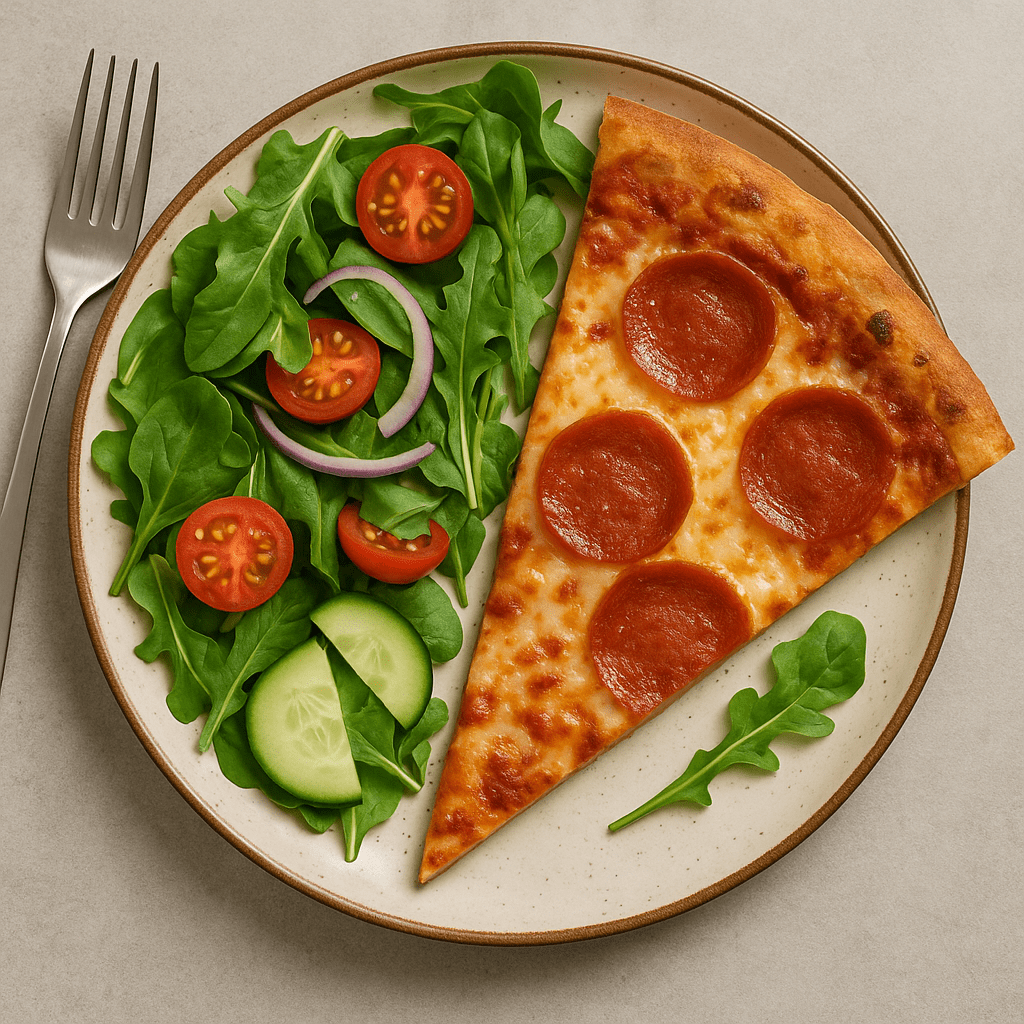Pizza slice next to fresh salad showing balance in food choices.