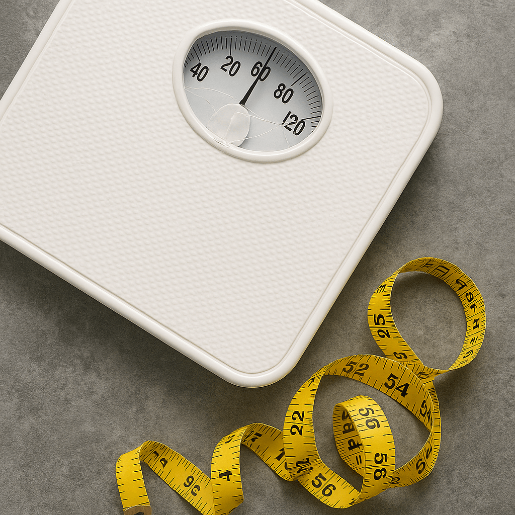 Broken bathroom scale symbolizing failed dieting attempts.