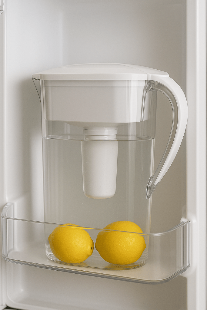 Clear water filter pitcher in a refrigerator door with lemons on the side.
