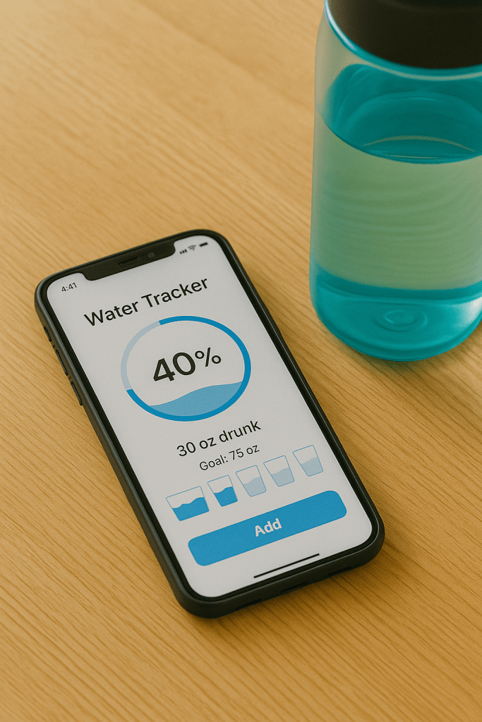 Close-up of a water tracker app on a phone next to a water bottle.