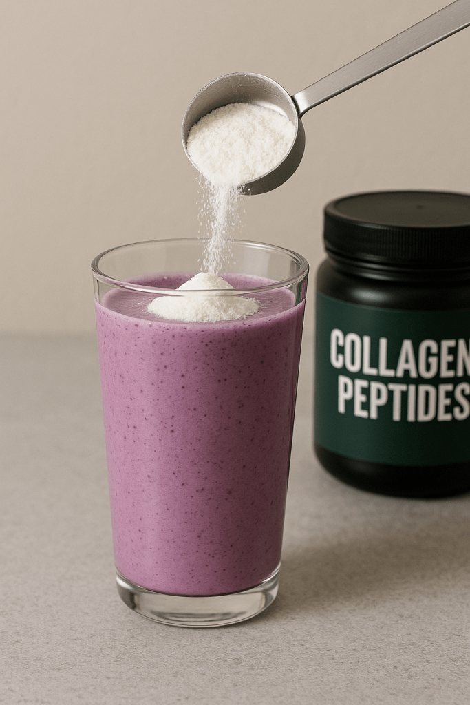Collagen peptide powder being poured into a glass of smoothie.