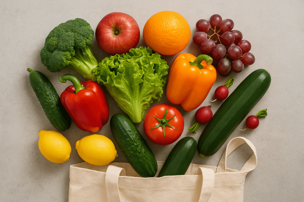 Fresh fruits and vegetables in a grocery bag symbolizing adding nutrition.