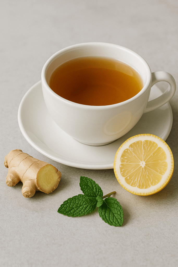 Herbal tea with ginger and lemon for reducing belly bloat.