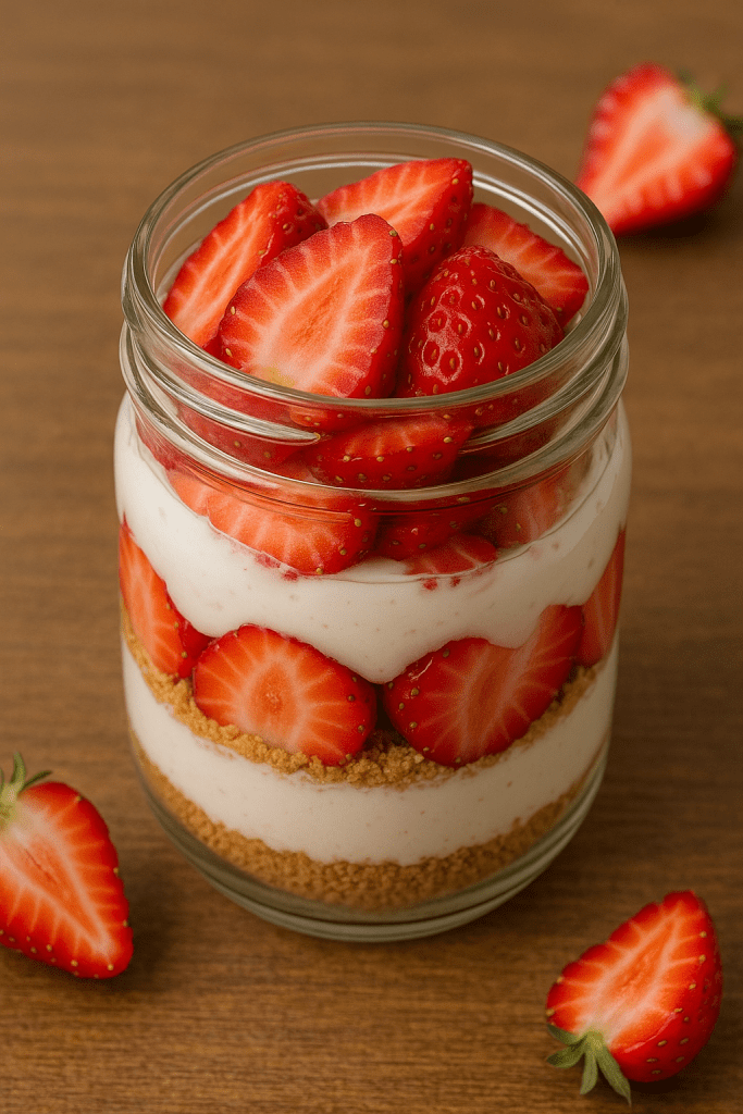 Strawberry cheesecake protein parfait layered in a glass jar.