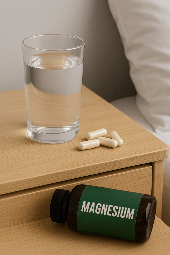 Glass of water and magnesium supplement capsules on a bedside table.