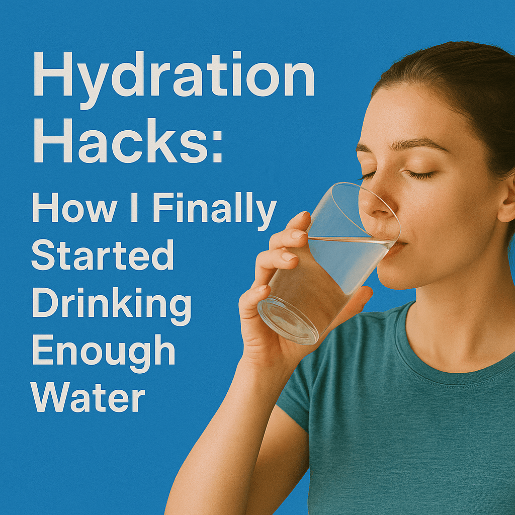 Woman drinking a glass of water against a bright blue background with text overlay reading ‘Hydration Hacks: How I Finally Started Drinking Enough Water.’