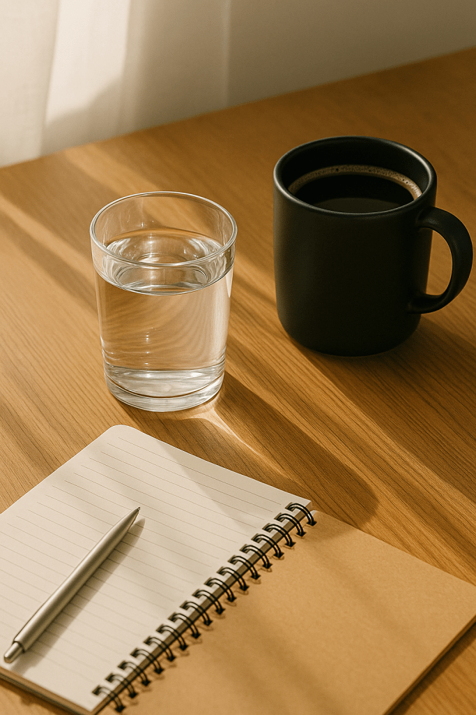 Morning routine setup with a glass of water next to coffee, notebook, and sunlight.