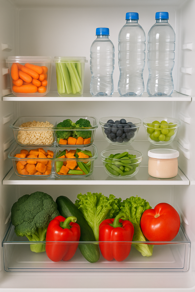 Neatly organized fridge stocked with healthy meals and drinks.