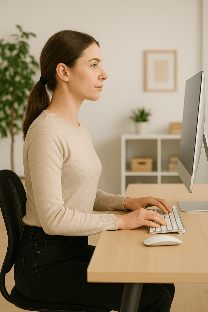 Person sitting upright at a desk showing good posture for a flatter belly appearance.