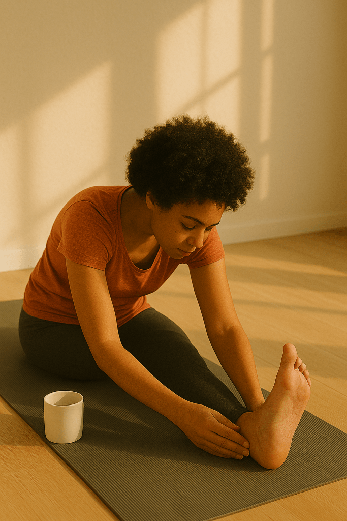 Person stretching on a yoga mat with a coffee mug on the floor.