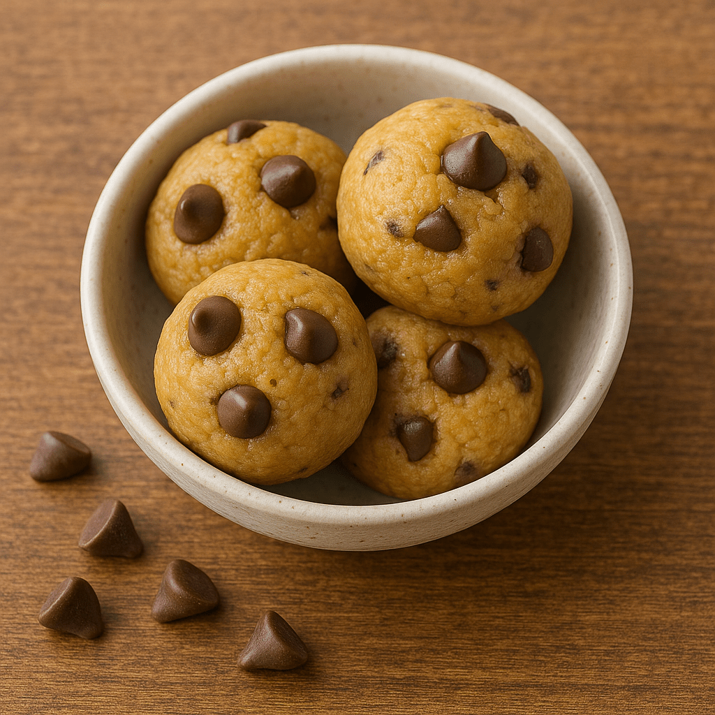 Plate of protein cookie dough bites made with chocolate chips and almond butter.