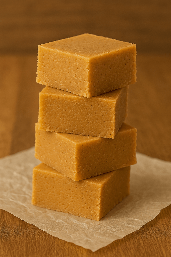 Stack of peanut butter protein fudge squares with peanut butter drizzle.