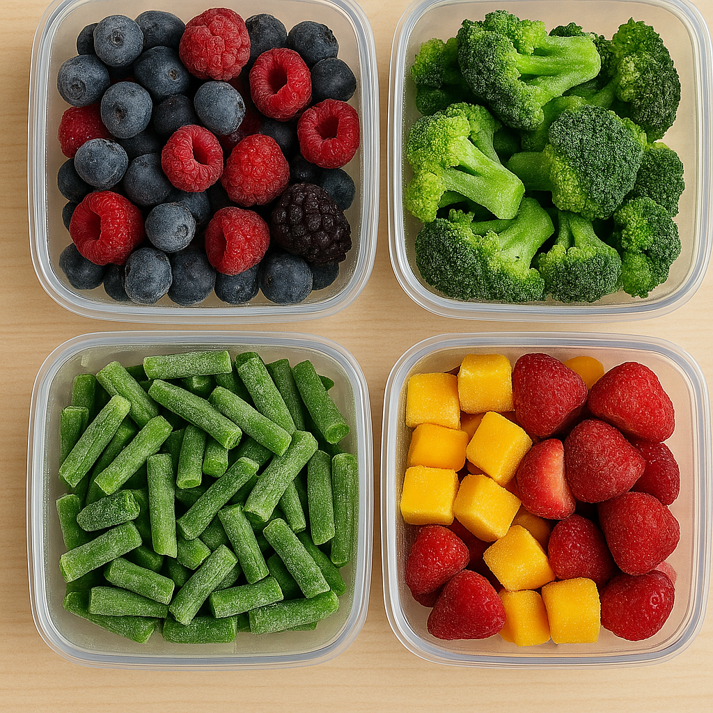 Containers filled with colorful frozen fruits and vegetables ready for meal prep.