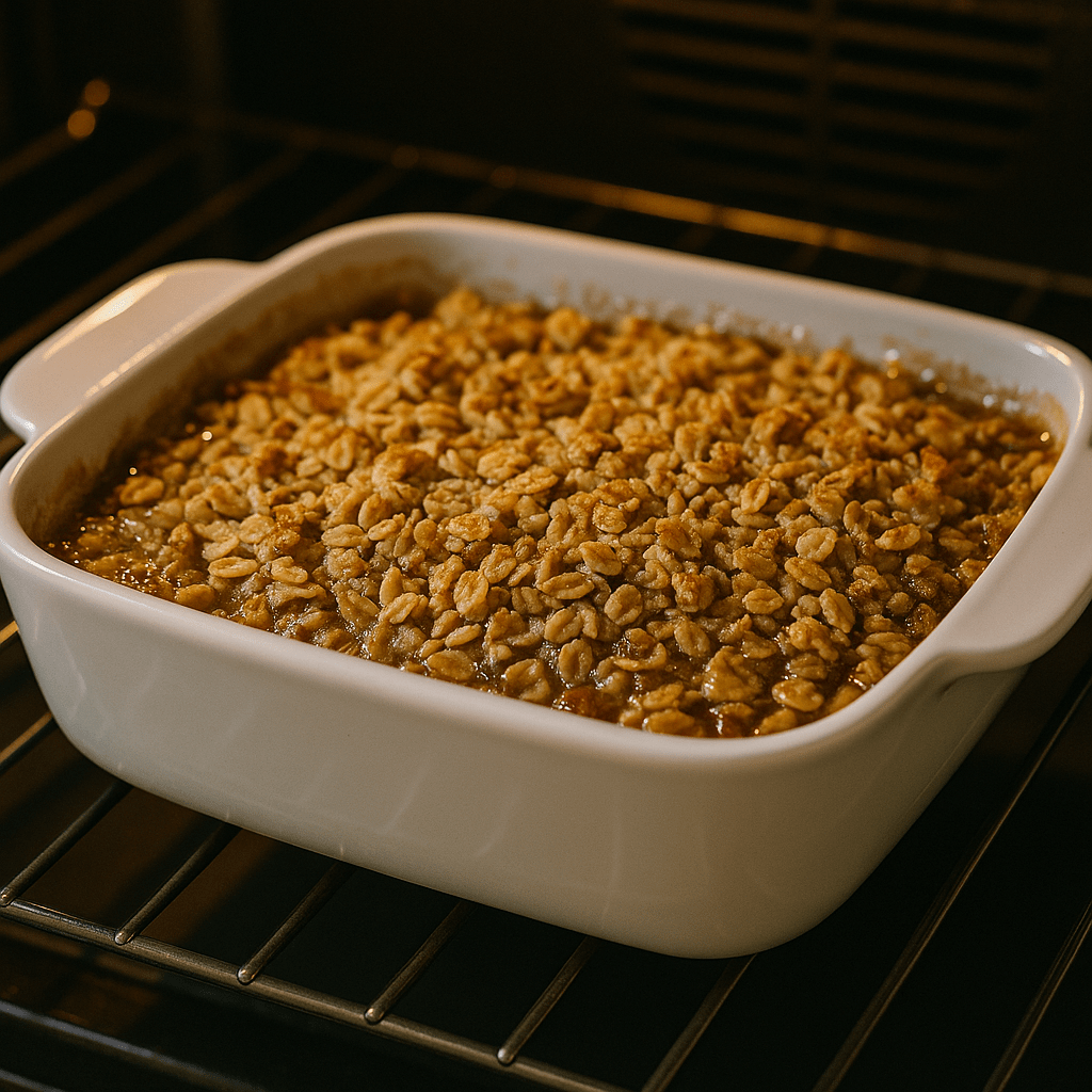 “Apple crisp baking in oven with golden oat topping — cozy fall treat.”