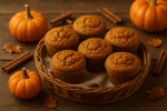 Healthy high-protein pumpkin muffins on a fall-themed table with pumpkins and cinnamon sticks.