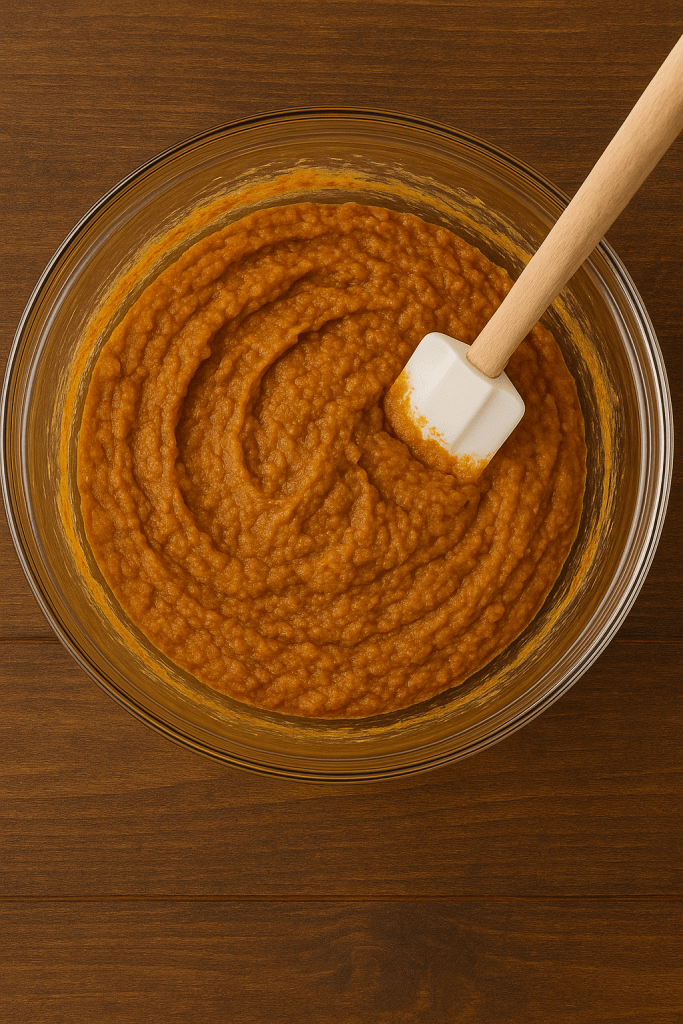 Mixing high-protein pumpkin muffin batter in a glass bowl.