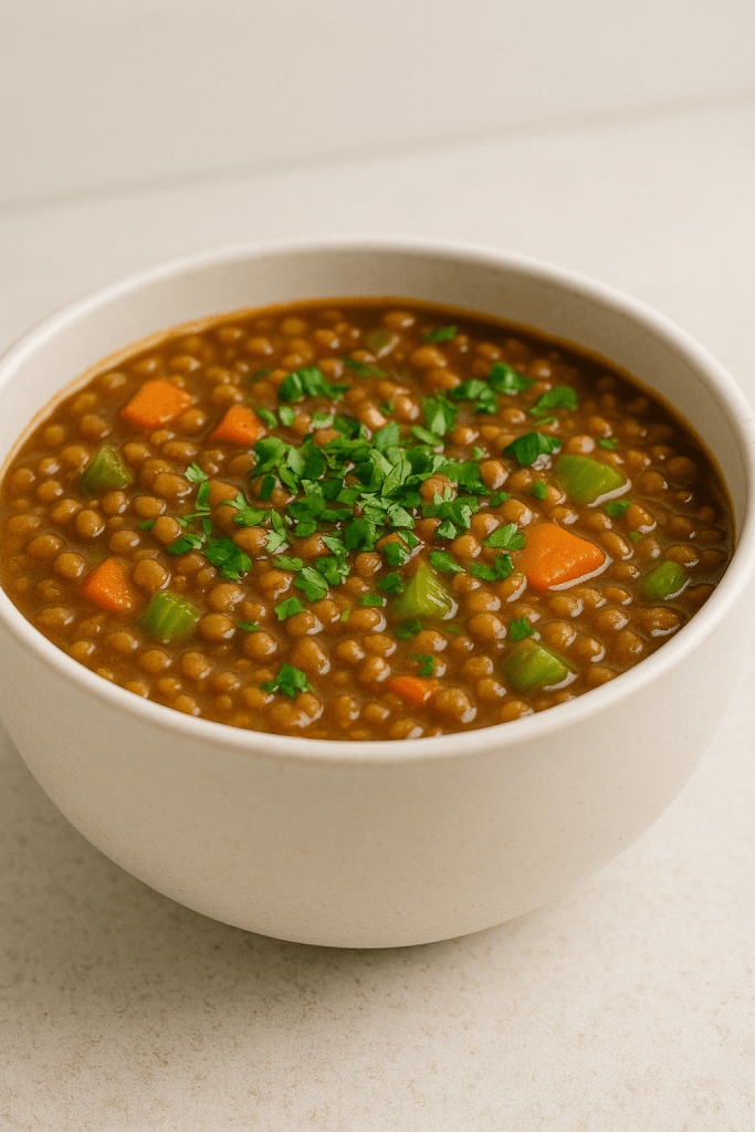 Warm bowl of lentil and vegetable stew with fresh herbs sprinkled on top.