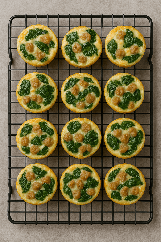 Breakfast egg white muffins with spinach and turkey sausage cooling on a rack.