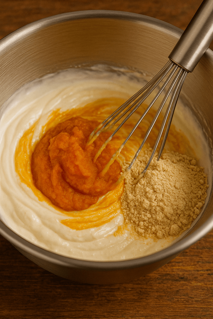 Mixing pumpkin puree and Greek yogurt to make a creamy high-protein fall dessert.