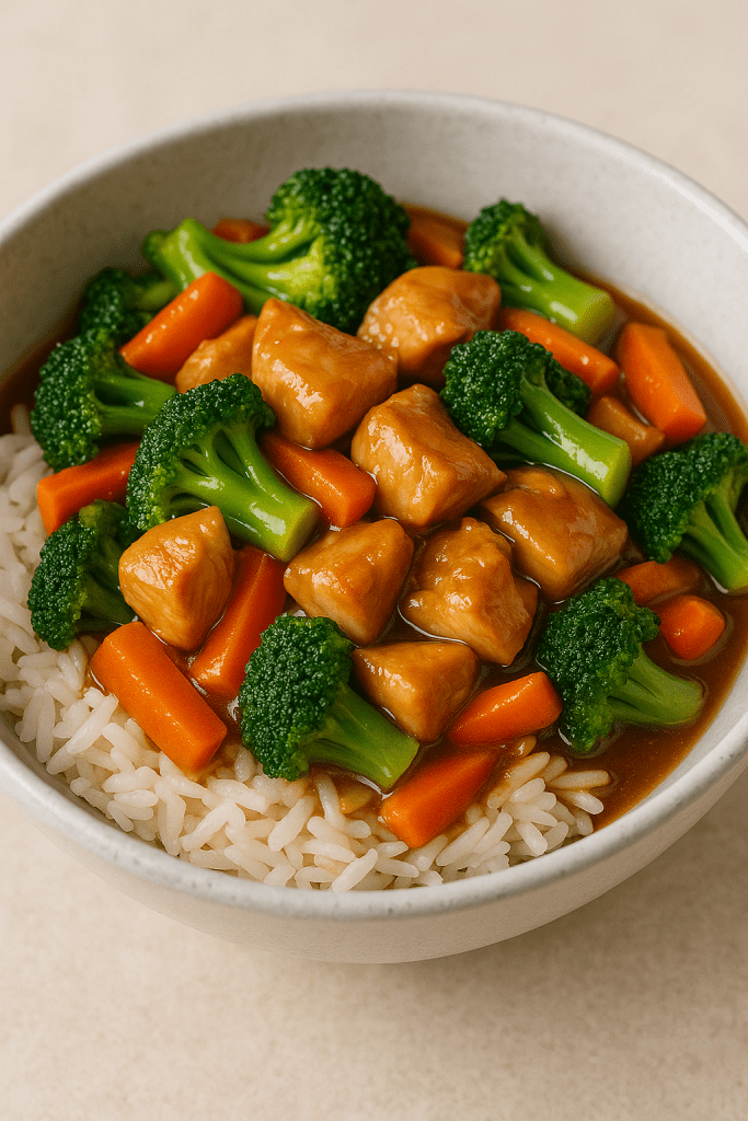 Colorful chicken stir-fry with broccoli and carrots over rice in a bowl.