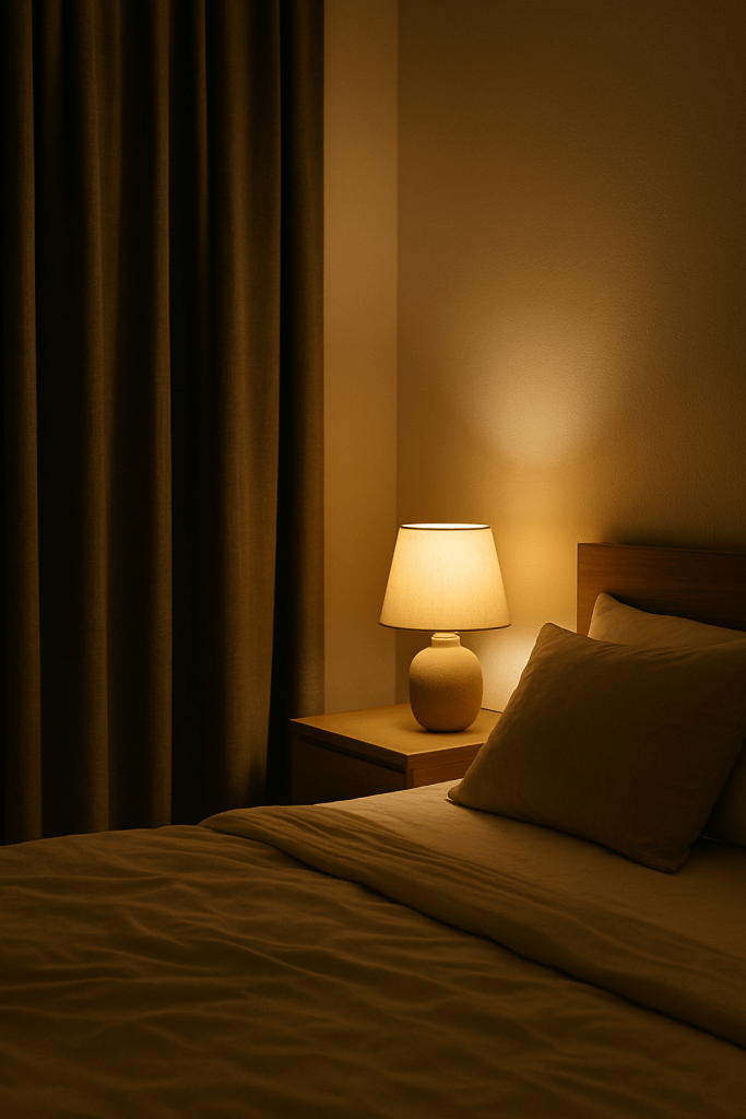 Peaceful bedroom with blackout curtains and warm lighting, designed for quality sleep.