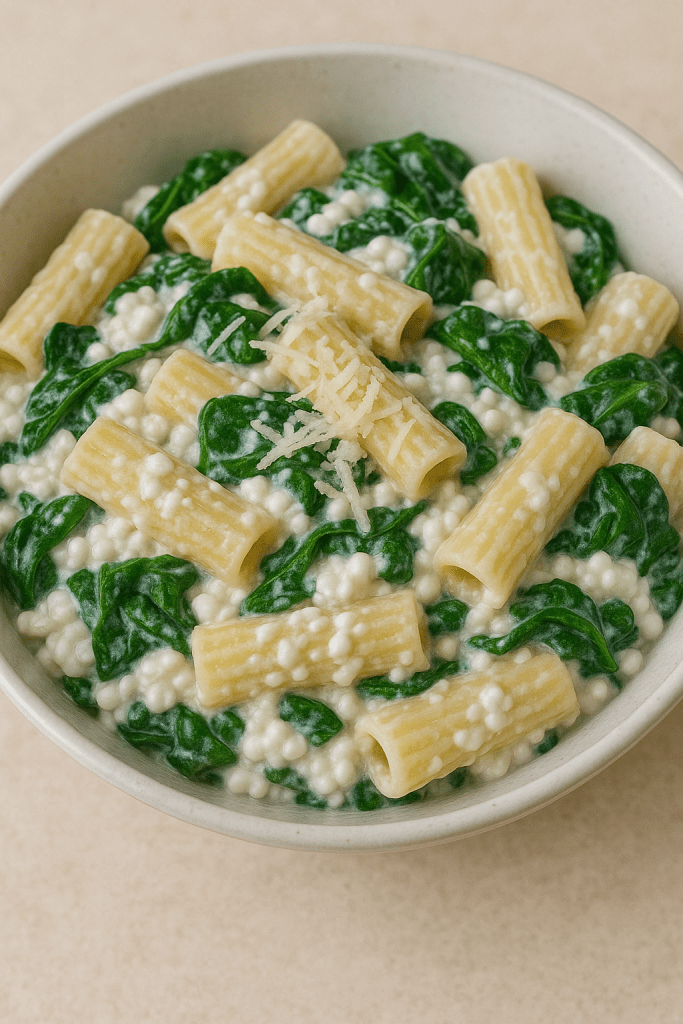 Creamy cottage cheese pasta with spinach and grated parmesan.