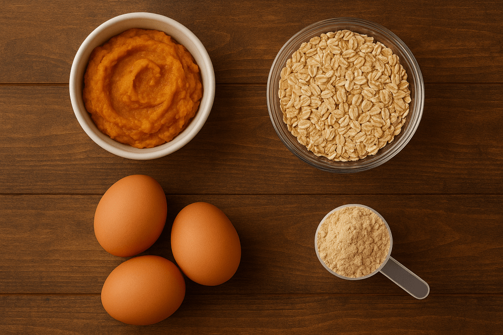 Ingredients for protein pumpkin muffins neatly arranged on a wooden countertop.