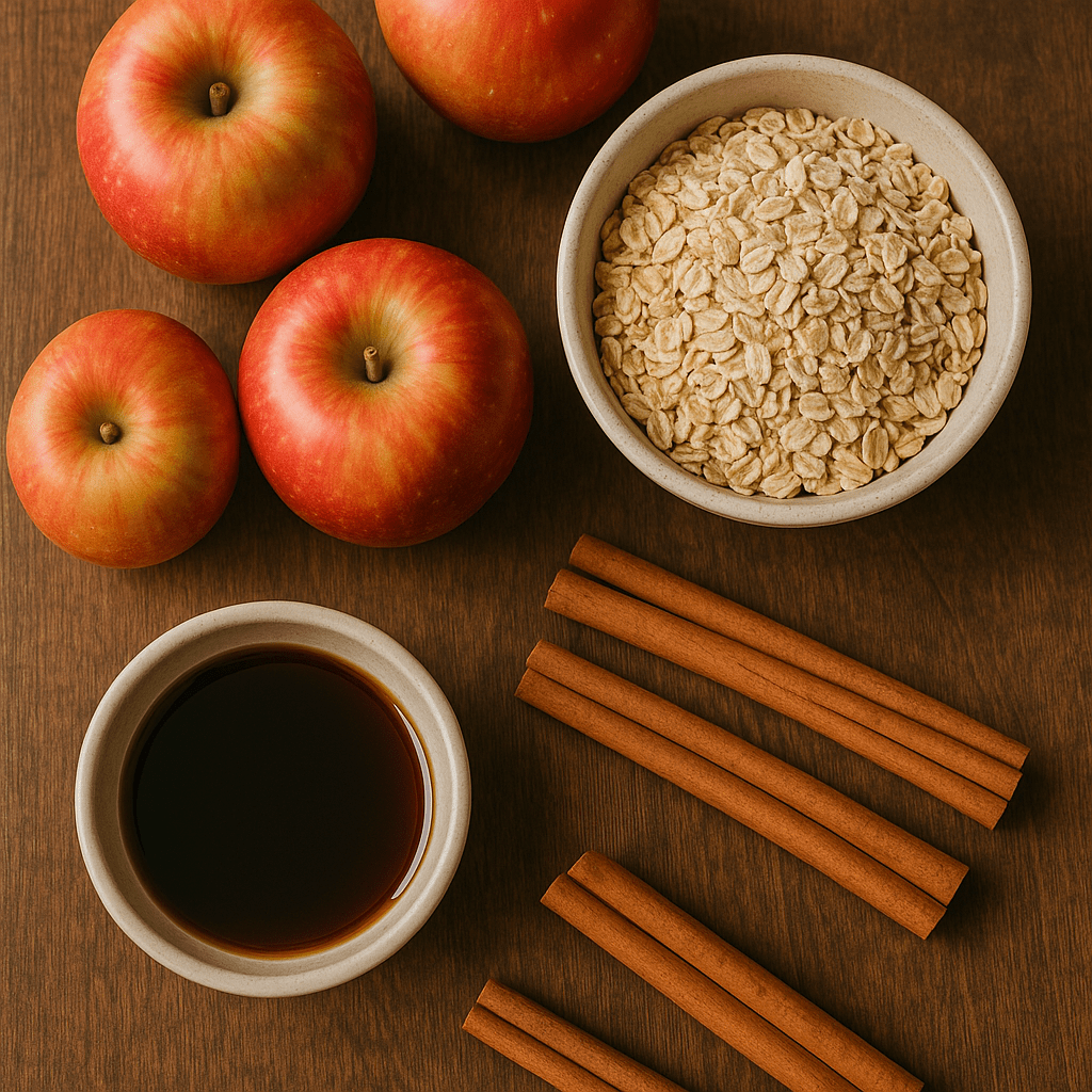 “Healthy fall dessert ingredients — apples, oats, cinnamon, and maple syrup on kitchen counter.”