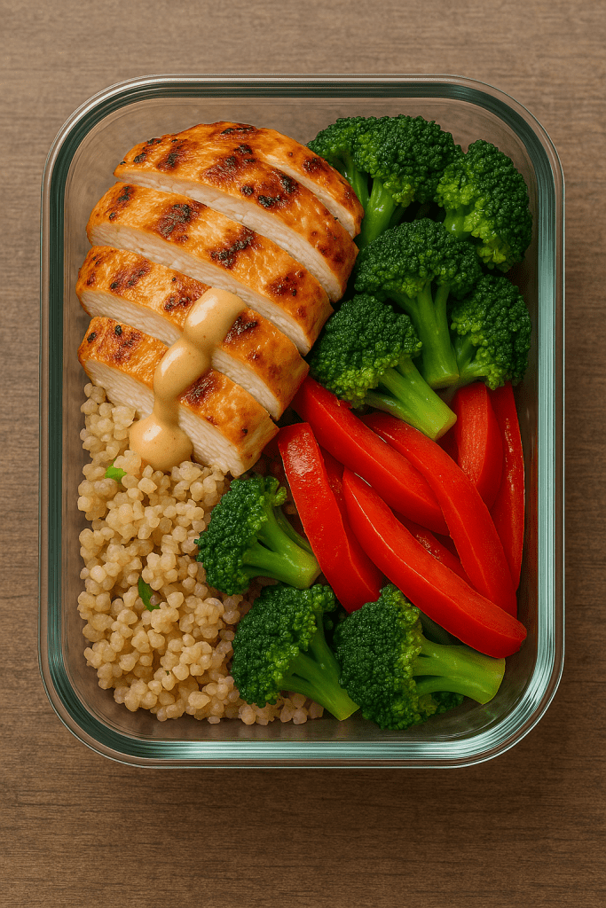 Grilled chicken, quinoa, and colorful vegetables in a meal prep container.