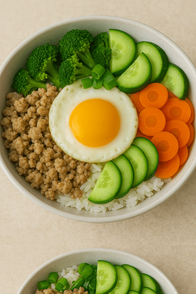 Ground turkey rice bowl topped with vegetables and a sunny-side egg.