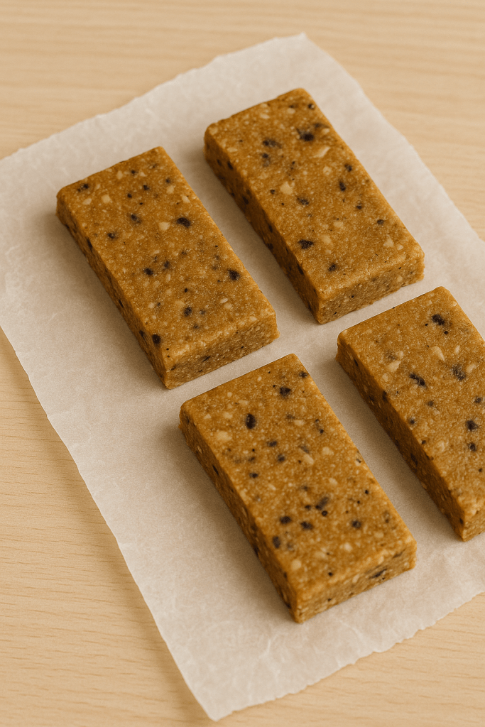 Freshly cut homemade peanut butter protein bars stacked on parchment paper.