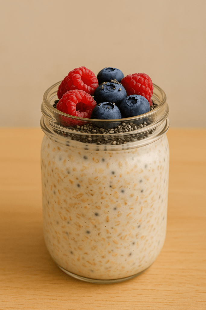 Mason jar filled with overnight oats, frozen berries, and chia seeds on a kitchen counter.
