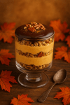 High-protein pumpkin spice parfait with granola and pecans, surrounded by cozy fall décor.