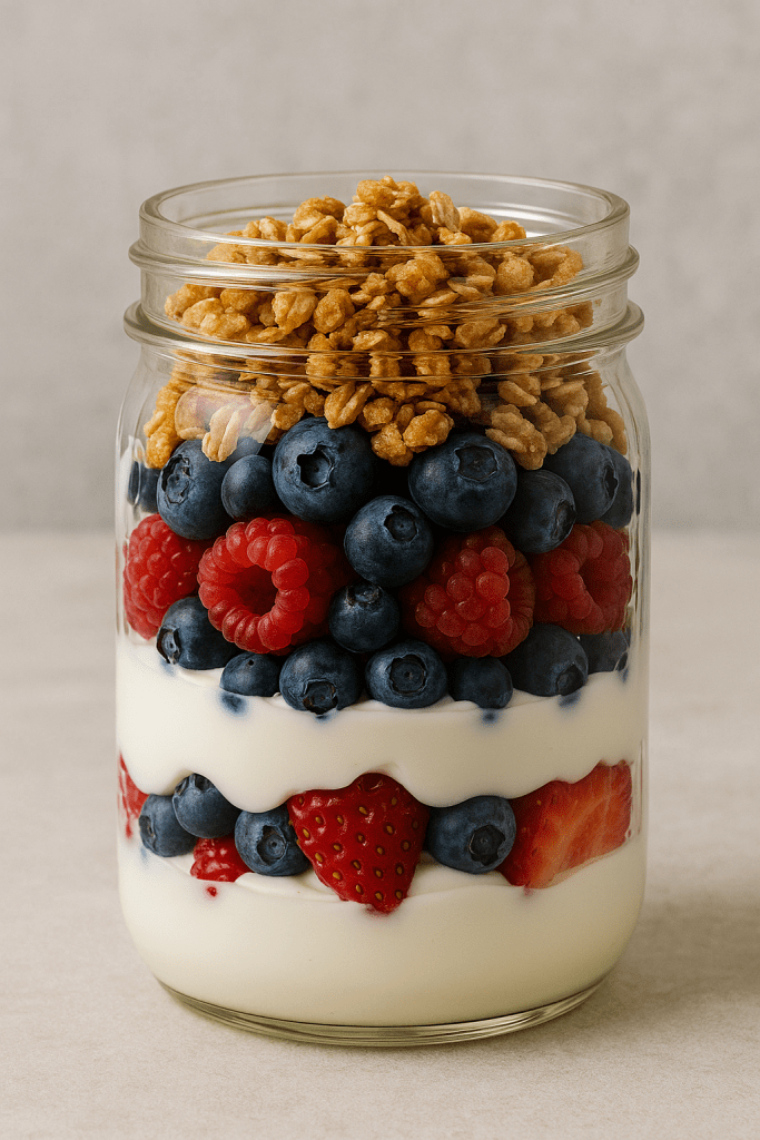 Mason jar filled with layers of Greek yogurt, berries, and granola.