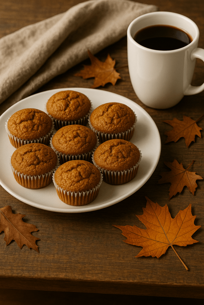Healthy pumpkin muffins served with coffee on a cozy fall table setting.