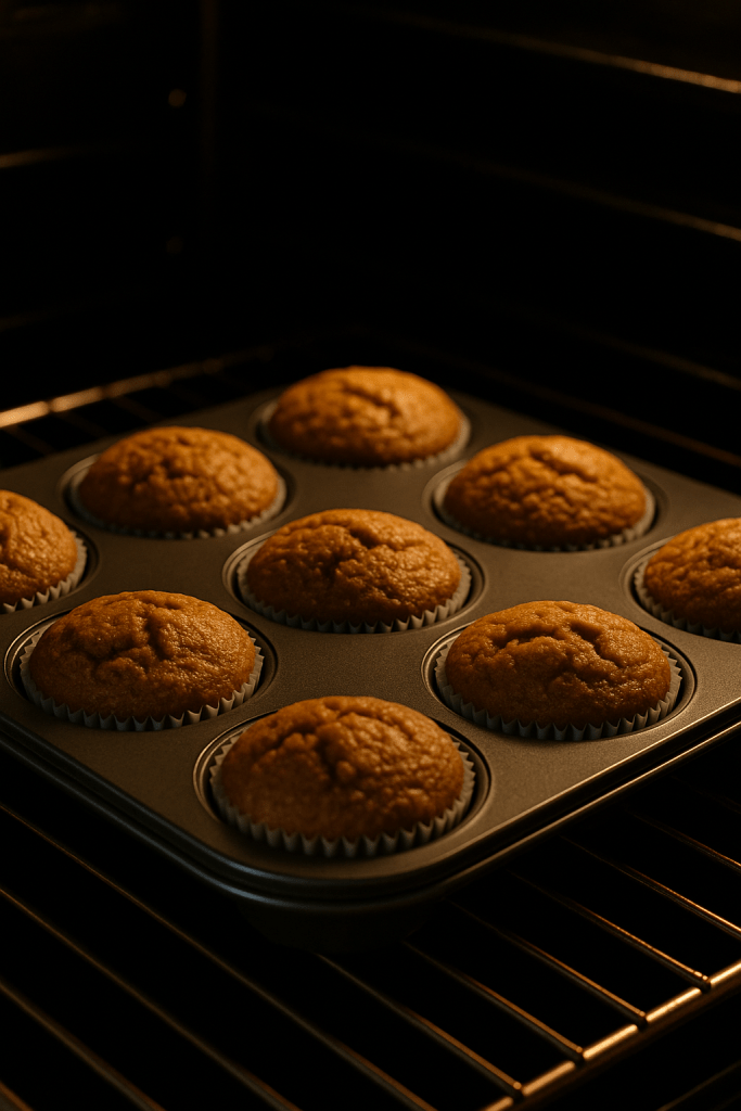 Pumpkin protein muffins baking in the oven until golden brown.